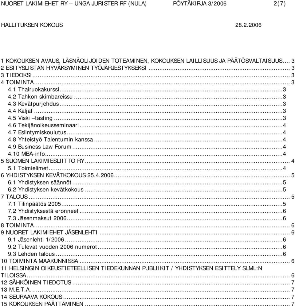 ..4 4.10 MBA-info...4 5 SUOMEN LAKIMIESLIITTO RY... 4 5.1 Toimielimet...4 6 YHDISTYKSEN KEVÄTKOKOUS 25.4.2006... 5 6.1 Yhdistyksen säännöt...5 6.2 Yhdistyksen kevätkokous...5 7 TALOUS... 5 7.