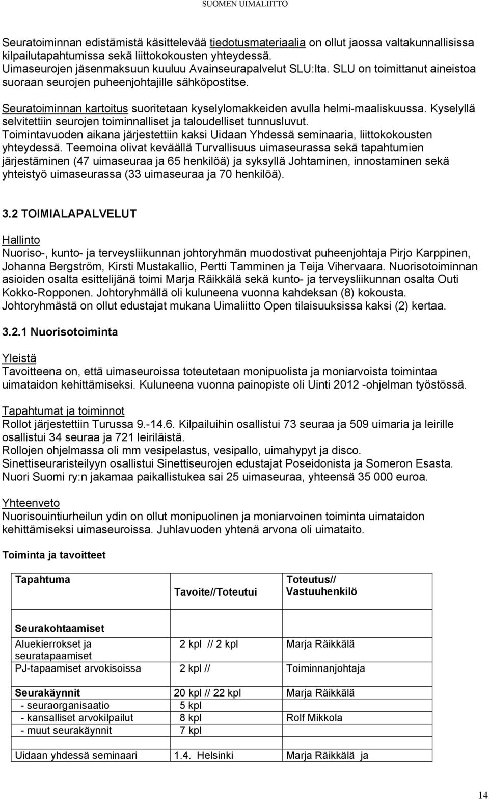 Seuratoiminnan kartoitus suoritetaan kyselylomakkeiden avulla helmi-maaliskuussa. Kyselyllä selvitettiin seurojen toiminnalliset ja taloudelliset tunnusluvut.