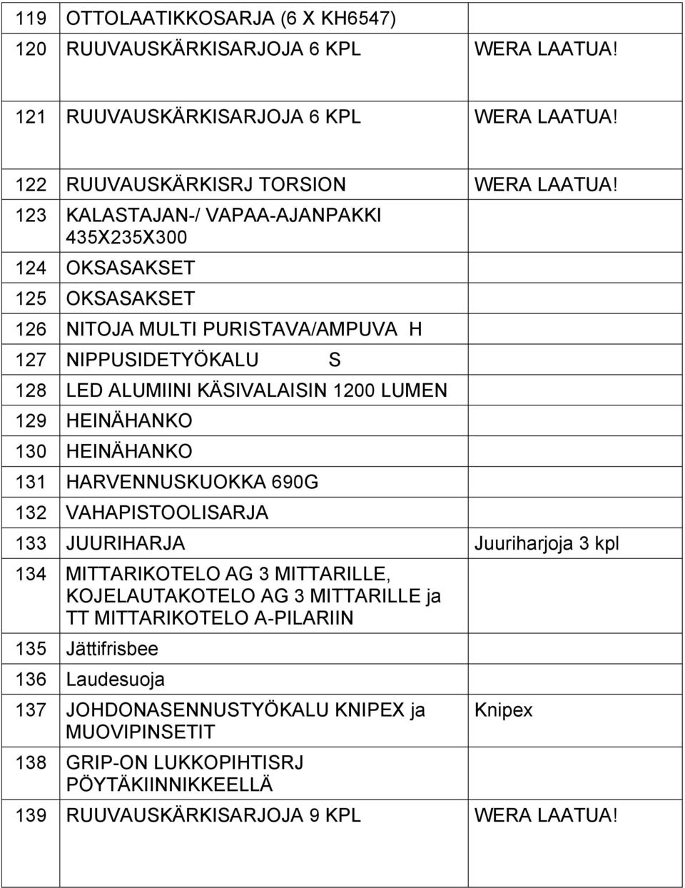 HEINÄHANKO 130 HEINÄHANKO 131 HARVENNUSKUOKKA 690G 132 VAHAPISTOOLISARJA 133 JUURIHARJA Juuriharjoja 3 kpl 134 MITTARIKOTELO AG 3 MITTARILLE, KOJELAUTAKOTELO AG 3 MITTARILLE ja TT