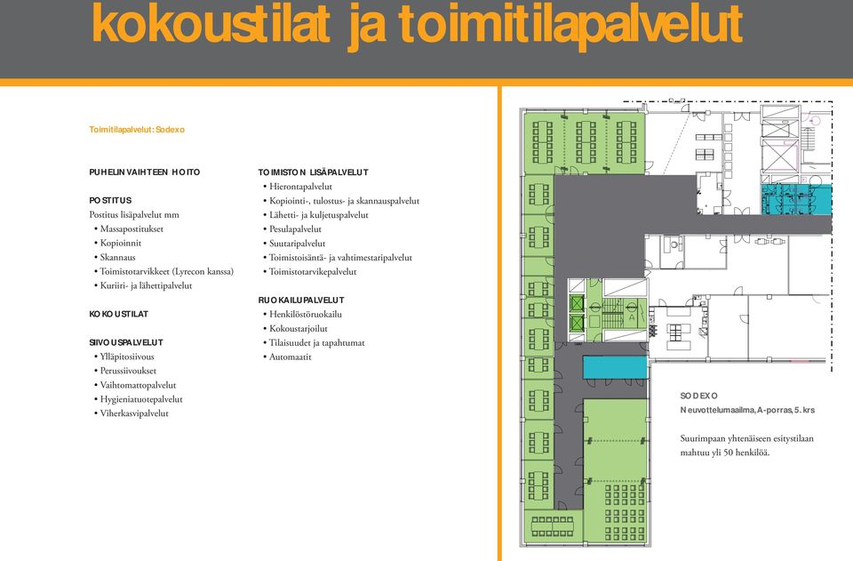 Hierontapalvelut Kopiointi-, tulostus- ja skannauspalvelut Lähetti- ja kuljetuspalvelut Pesulapalvelut Suutaripalvelut Toimistoisäntä- ja vahtimestaripalvelut Toimistotarvikepalvelut