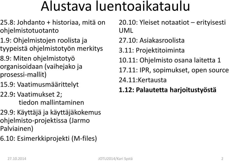 9: Käyttäjä ja käyttäjäkokemus ohjelmisto-projektissa (Jarmo Palviainen) 6.10: Esimerkkiprojekti (M-files) 20.10: Yleiset notaatiot erityisesti UML 27.