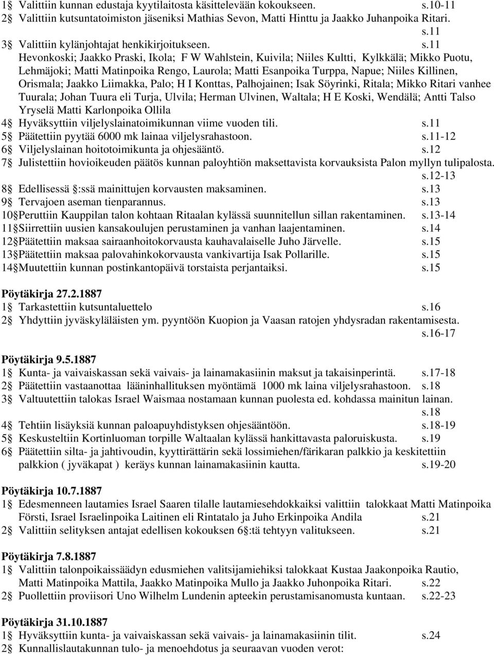 Orismala; Jaakko Liimakka, Palo; H I Konttas, Palhojainen; Isak Söyrinki, Ritala; Mikko Ritari vanhee Tuurala; Johan Tuura eli Turja, Ulvila; Herman Ulvinen, Waltala; H E Koski, Wendälä; Antti Talso