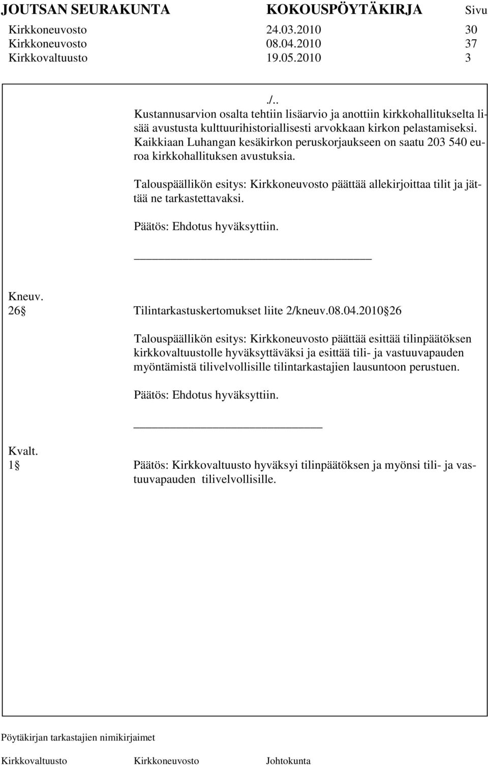 Kaikkiaan Luhangan kesäkirkon peruskorjaukseen on saatu 203 540 euroa kirkkohallituksen avustuksia. Talouspäällikön esitys: Kirkkoneuvosto päättää allekirjoittaa tilit ja jättää ne tarkastettavaksi.