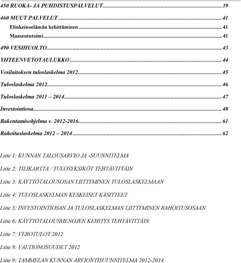 ..62 Liite 1: KUNNAN TALOUSARVIO JA -SUUNNITELMA Liite 2: TILIKARTTA / TULOSYKSIKÖT TEHTÄVITTÄIN Liite 3: KÄYTTÖTALOUSOSAN LIITTYMINEN TULOSLASKELMAAN Liite 4: TULOSLASKELMAN KESKEISET