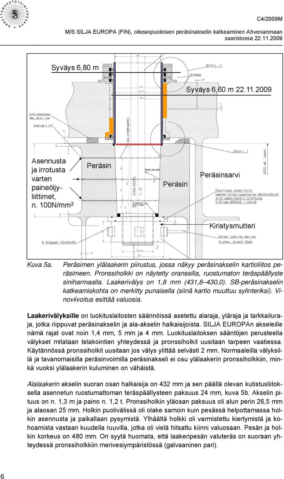 Laakerivälys on 1,8 mm (431,8 430,0). SB-peräsinakselin katkeamiskohta on merkitty punaisella (siinä kartio muuttuu sylinteriksi). Vinoviivoitus esittää valuosia.