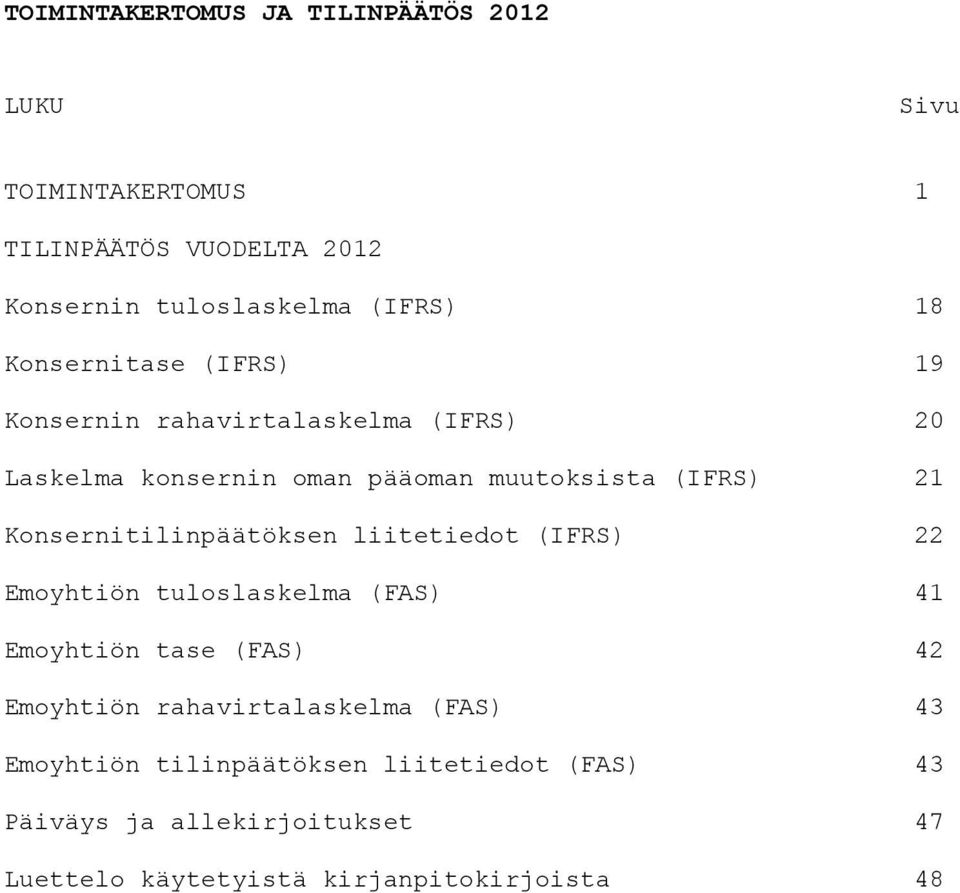 Konsernitilinpäätöksen liitetiedot (IFRS) 22 Emoyhtiön tuloslaskelma (FAS) 41 Emoyhtiön tase (FAS) 42 Emoyhtiön