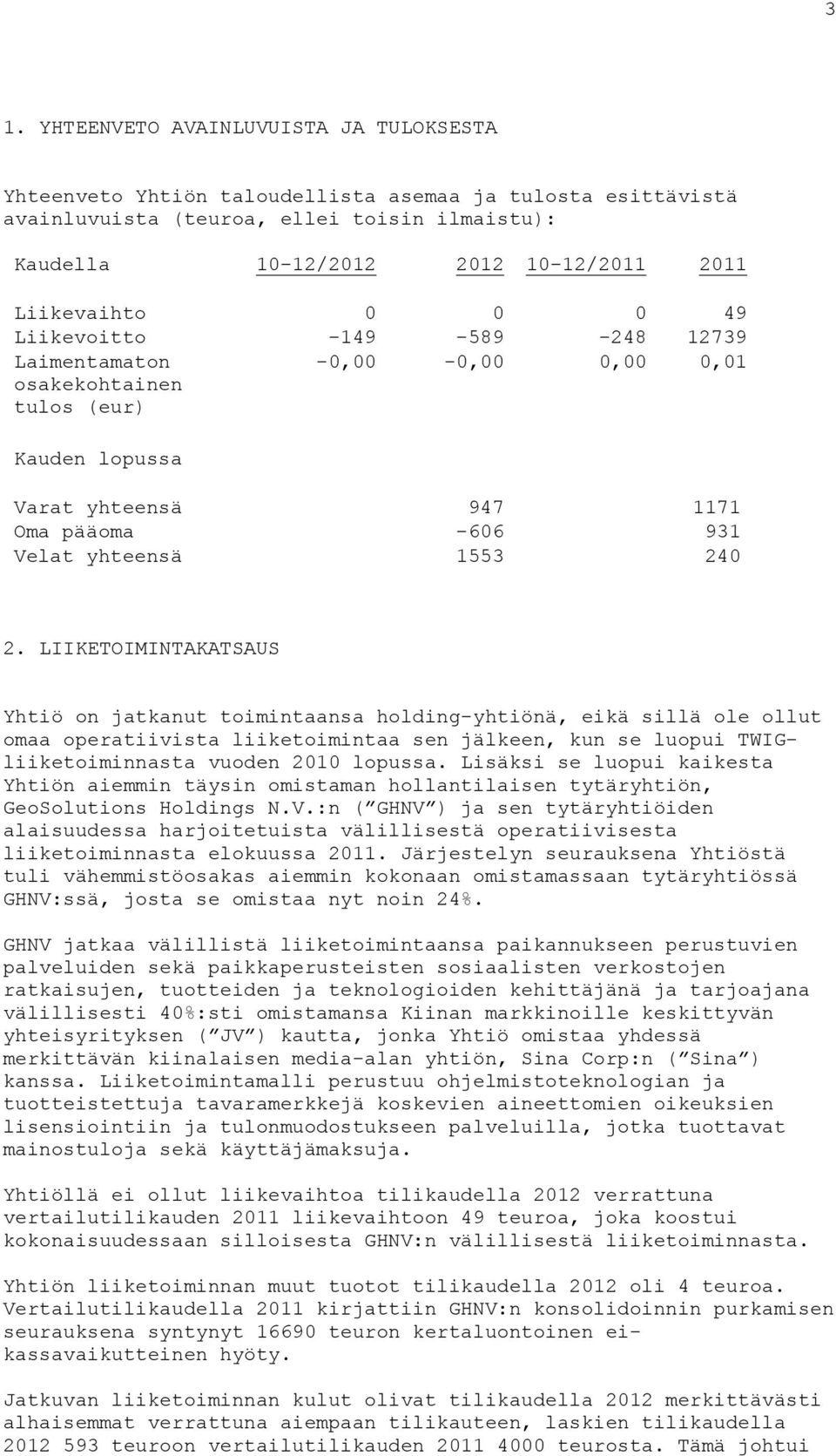 LIIKETOIMINTAKATSAUS Yhtiö on jatkanut toimintaansa holding-yhtiönä, eikä sillä ole ollut omaa operatiivista liiketoimintaa sen jälkeen, kun se luopui TWIGliiketoiminnasta vuoden 2010 lopussa.