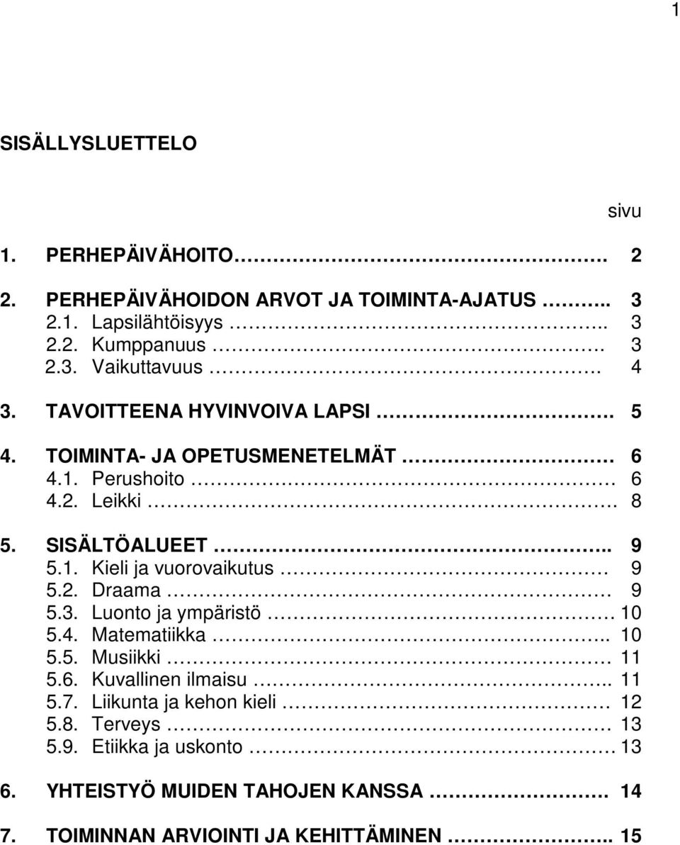 2. Draama 9 5.3. Luonto ja ympäristö 10 5.4. Matematiikka.. 10 5.5. Musiikki 11 5.6. Kuvallinen ilmaisu.. 11 5.7. Liikunta ja kehon kieli 12 5.8.