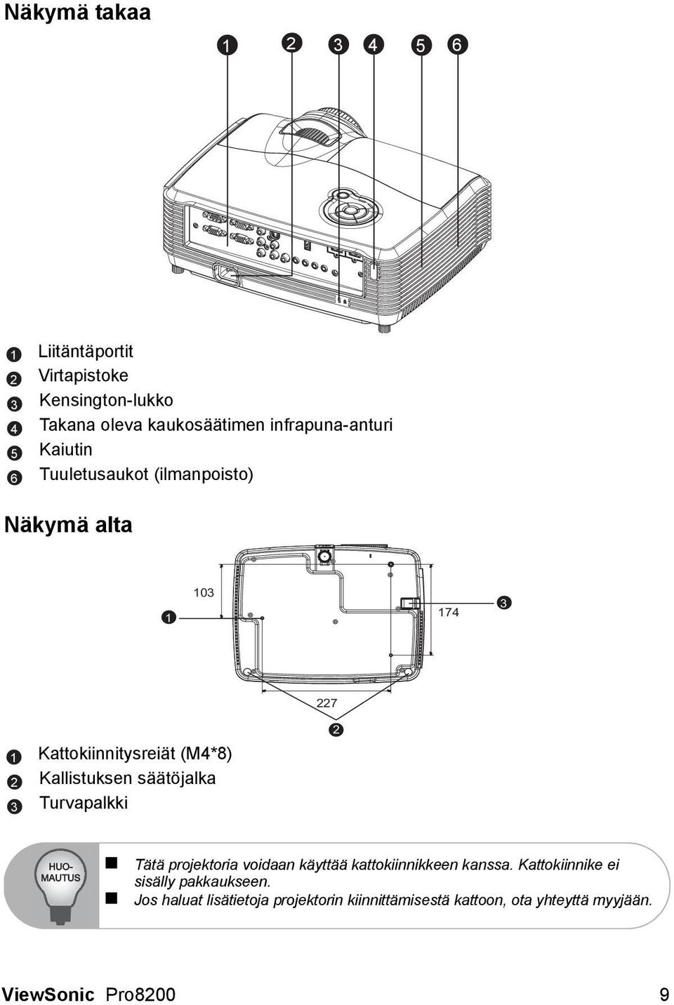 Kallistuksen säätöjalka Turvapalkki 227 2 HUO- MAUTUS Tätä projektoria voidaan käyttää kattokiinnikkeen kanssa.