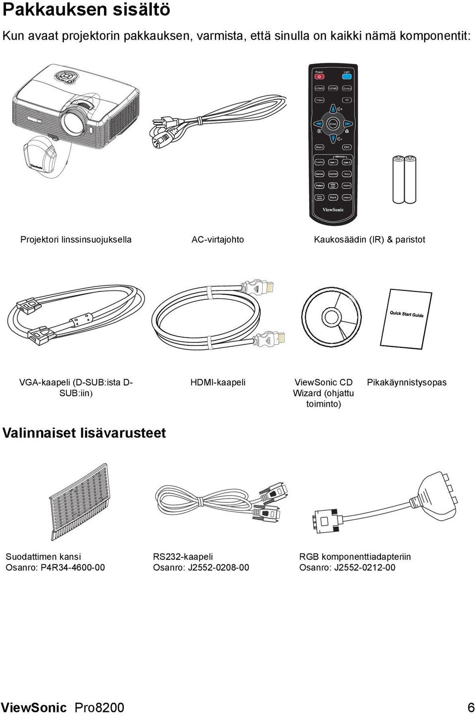 D- SUB:iin) HDMI-kaapeli ViewSonic CD Wizard (ohjattu toiminto) Pikakäynnistysopas Valinnaiset lisävarusteet Suodattimen