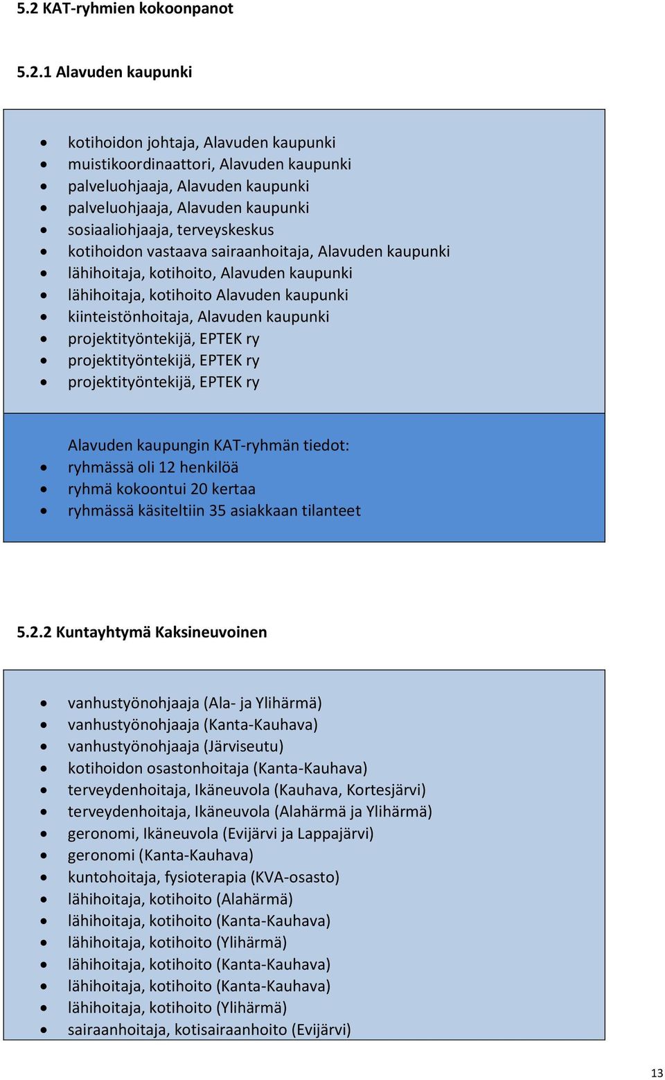 kaupunki projektityöntekijä, EPTEK ry projektityöntekijä, EPTEK ry projektityöntekijä, EPTEK ry Alavuden kaupungin KAT-ryhmän tiedot: ryhmässä oli 12 henkilöä ryhmä kokoontui 20 kertaa ryhmässä