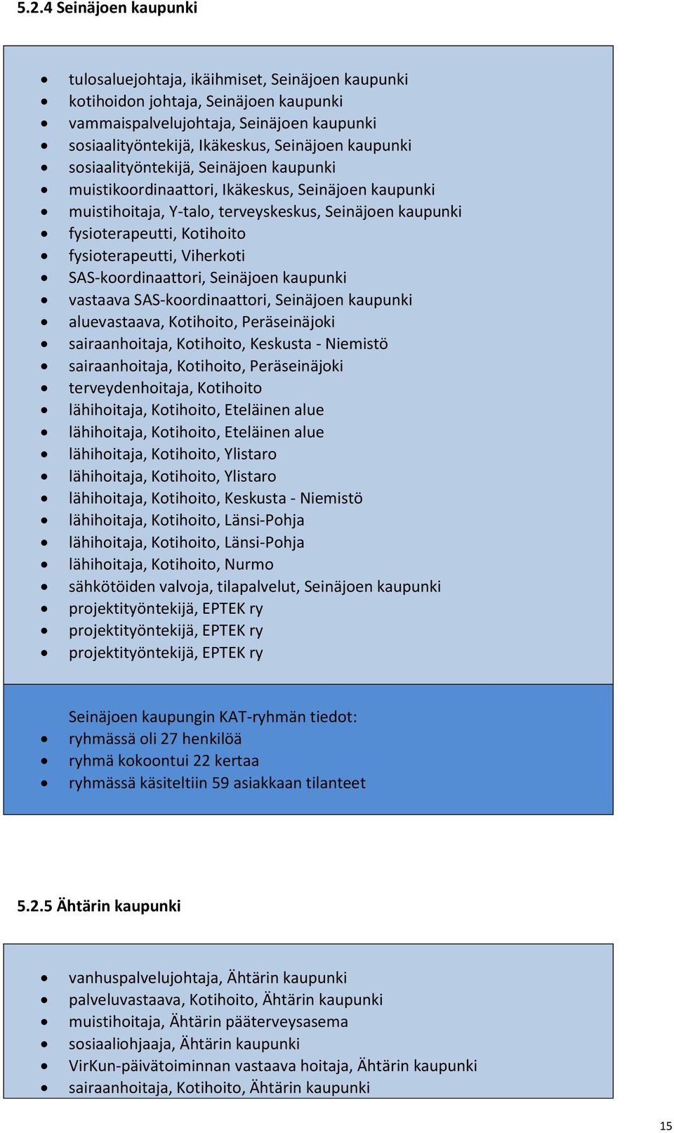 fysioterapeutti, Viherkoti SAS-koordinaattori, Seinäjoen kaupunki vastaava SAS-koordinaattori, Seinäjoen kaupunki aluevastaava, Kotihoito, Peräseinäjoki sairaanhoitaja, Kotihoito, Keskusta - Niemistö