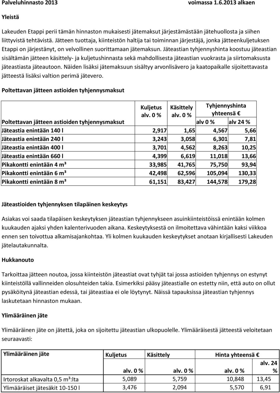 Jäteastian tyhjennyshinta koostuu jäteastian sisältämän jätteen käsittely- ja kuljetushinnasta sekä mahdollisesta jäteastian vuokrasta ja siirtomaksusta jäteastiasta jäteautoon.