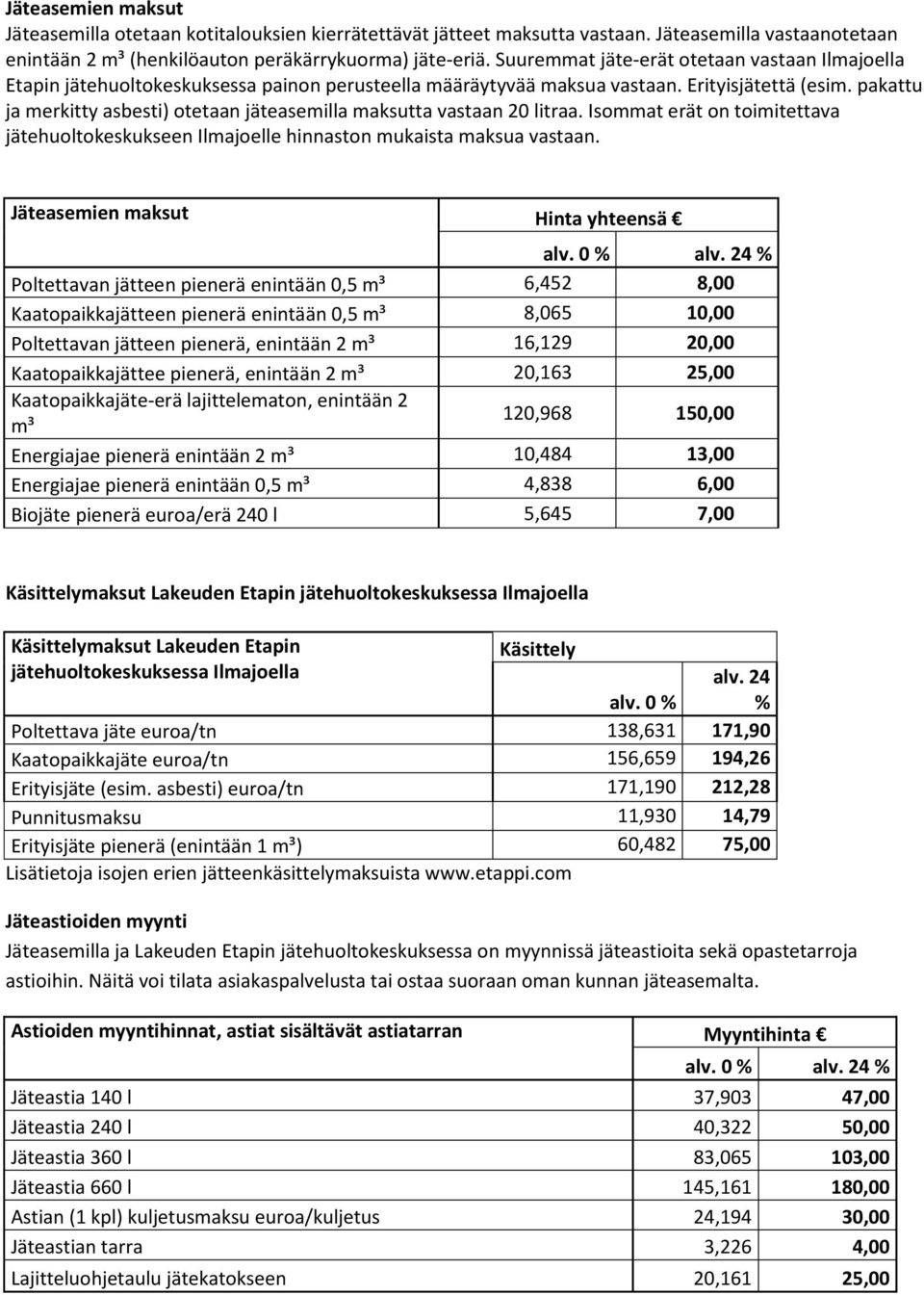 pakattu ja merkitty asbesti) otetaan jäteasemilla maksutta vastaan 20 litraa. Isommat erät on toimitettava jätehuoltokeskukseen Ilmajoelle hinnaston mukaista maksua vastaan.