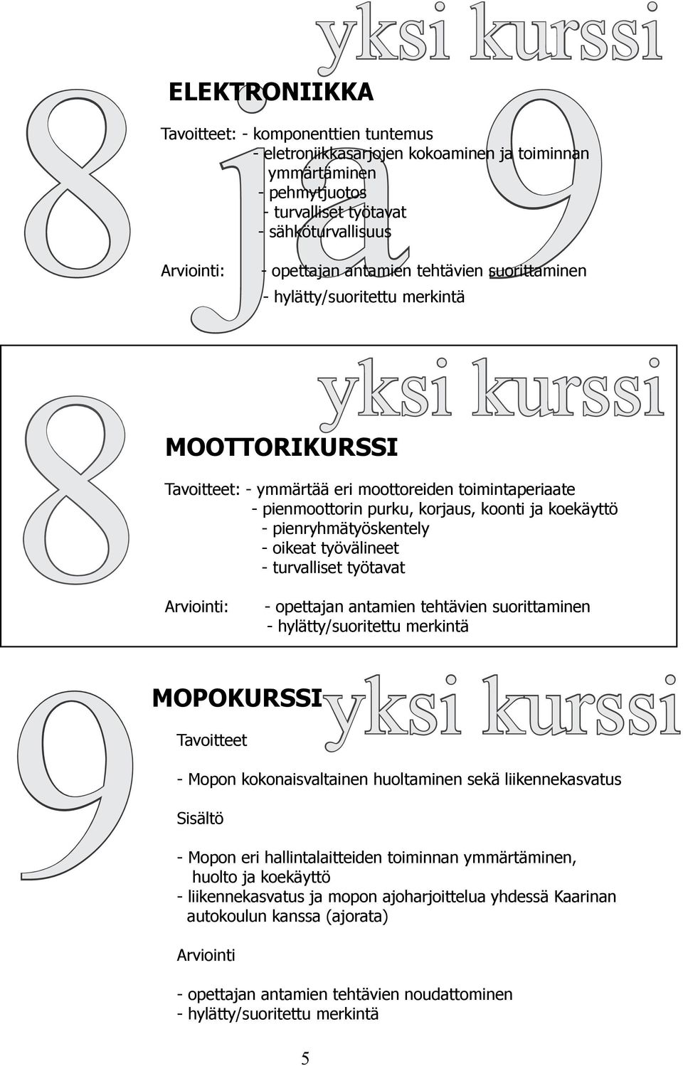 ja koekäyttö - pienryhmätyöskentely - oikeat työvälineet - turvalliset työtavat Arviointi: - opettajan antamien tehtävien suorittaminen - hylätty/suoritettu merkintä 9MOPOKURSSI Tavoitteet - Mopon