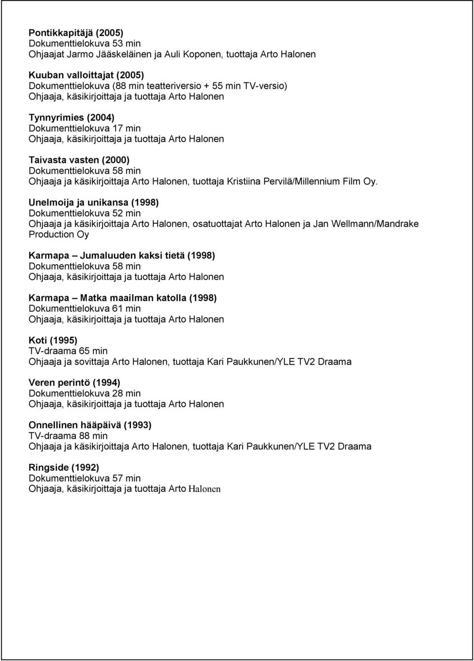 Unelmoija ja unikansa (1998) Dokumenttielokuva 52 min Ohjaaja ja käsikirjoittaja Arto Halonen, osatuottajat Arto Halonen ja Jan Wellmann/Mandrake Production Oy Karmapa Jumaluuden kaksi tietä (1998)