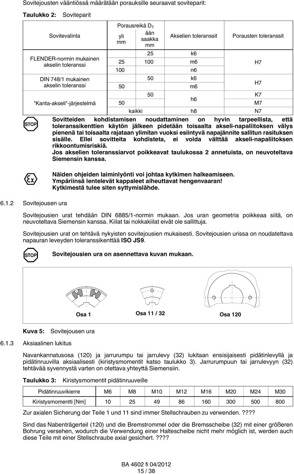 2 Sovitejousen ura ään yli saakka mm mm Akselien toleranssit Porausten toleranssit Porausreikä D 1 25 k6 25 100 m6 H7 100 n6 50 k6 50 m6 H7 50 K7 h6 50 M7 kaikki h8 N7 Sovitteiden kohdistamisen