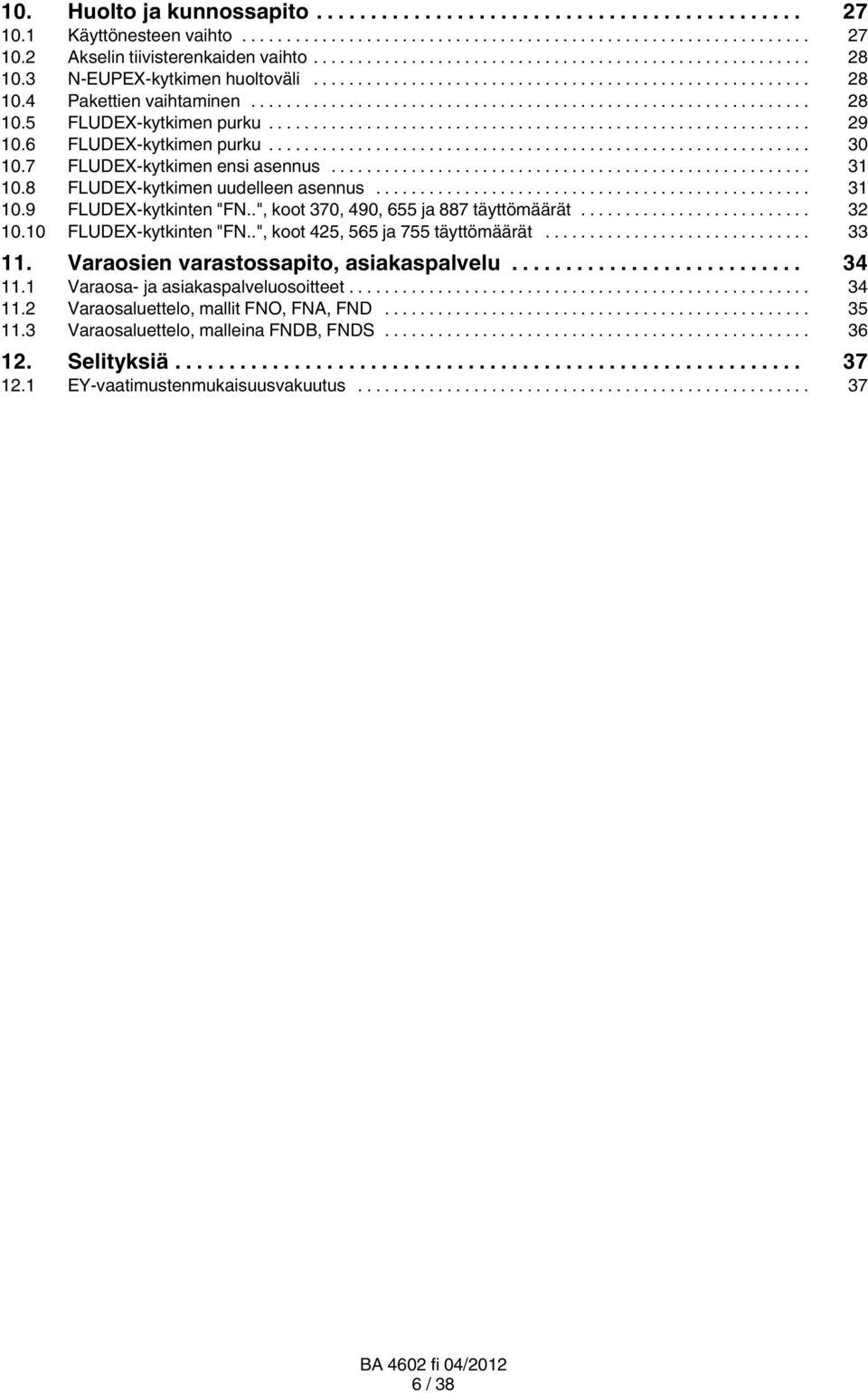 .", koot 370, 490, 655 ja 887 täyttömäärät... 32 10.10 FLUDEX kytkinten "FN..", koot 425, 565 ja 755 täyttömäärät... 33 11. Varaosien varastossapito, asiakaspalvelu... 34 11.