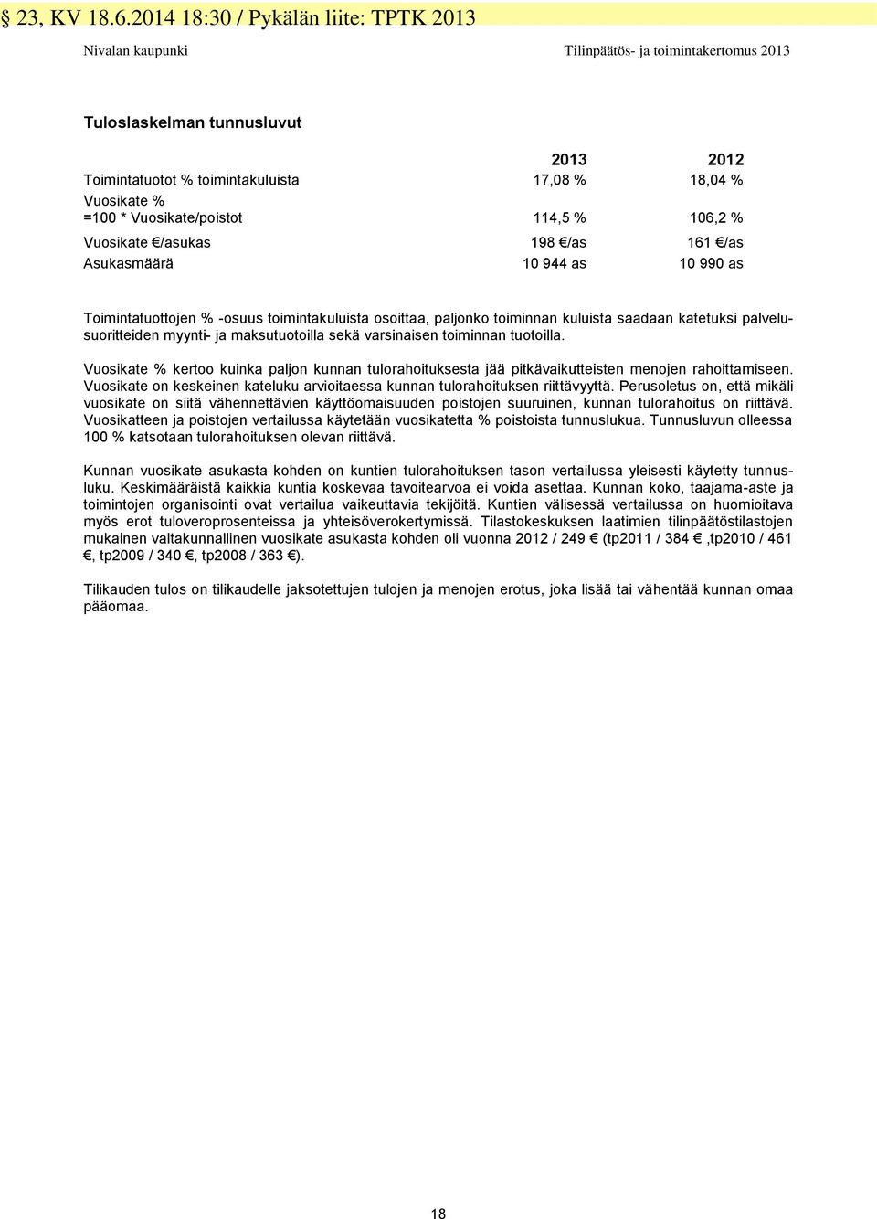 Vuosikate % kertoo kuinka paljon kunnan tulorahoituksesta jää pitkävaikutteisten menojen rahoittamiseen. Vuosikate on keskeinen kateluku arvioitaessa kunnan tulorahoituksen riittävyyttä.