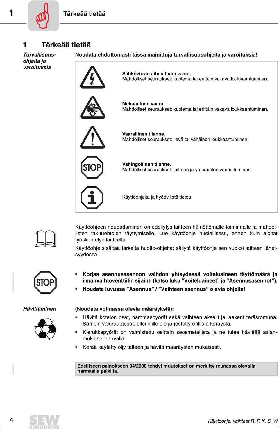 Mahdolliset seuraukset: lievä tai vähäinen loukkaantuminen. Vahingollinen tilanne. Mahdolliset seuraukset: laitteen ja ympäristön vaurioituminen. Käyttöohjeita ja hyödyllistä tietoa.