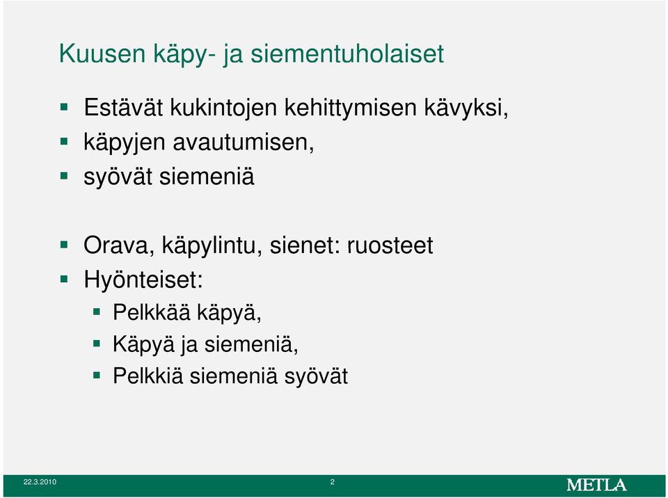 siemeniä Orava, käpylintu, sienet: ruosteet Hyönteiset: