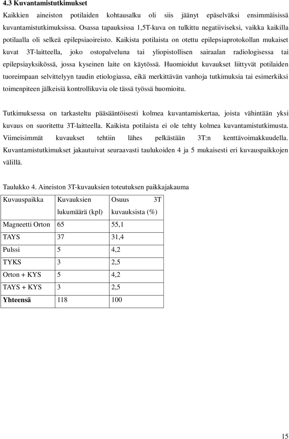 Kaikista potilaista on otettu epilepsiaprotokollan mukaiset kuvat 3T-laitteella, joko ostopalveluna tai yliopistollisen sairaalan radiologisessa tai epilepsiayksikössä, jossa kyseinen laite on