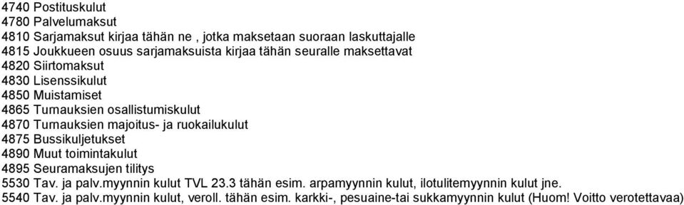 ja ruokailukulut 4875 Bussikuljetukset 4890 Muut toimintakulut 4895 Seuramaksujen tilitys 5530 Tav. ja palv.myynnin kulut TVL 23.3 tähän esim.