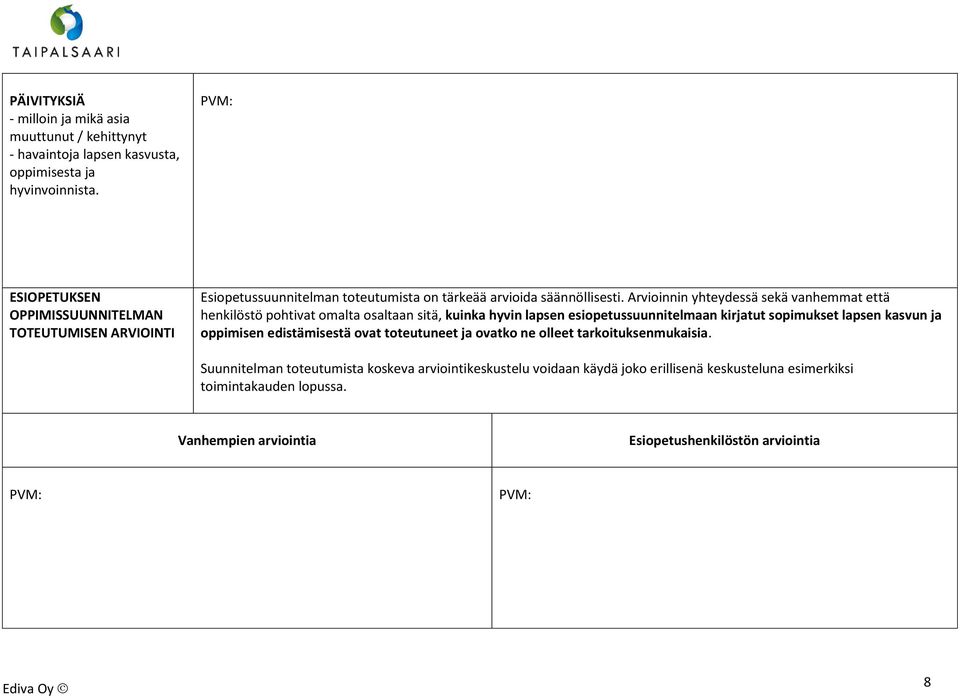 Arvioinnin yhteydessä sekä vanhemmat että henkilöstö pohtivat omalta osaltaan sitä, kuinka hyvin lapsen esiopetussuunnitelmaan kirjatut sopimukset lapsen kasvun ja oppimisen