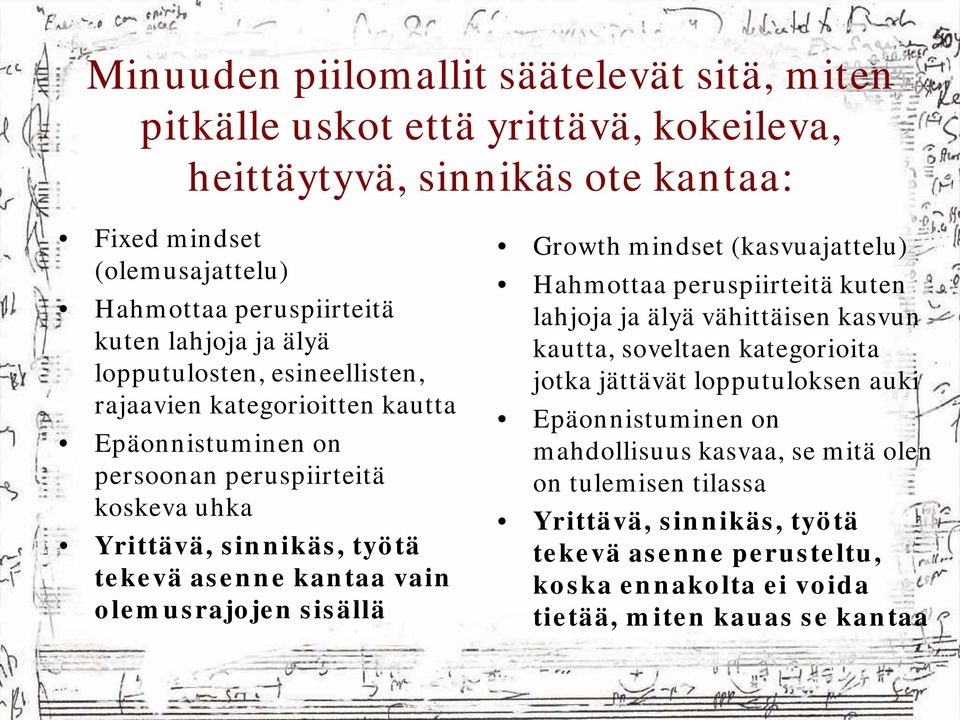 vain olemusrajojen sisällä Growth mindset (kasvuajattelu) Hahmottaa peruspiirteitä kuten lahjoja ja älyä vähittäisen kasvun kautta, soveltaen kategorioita jotka jättävät