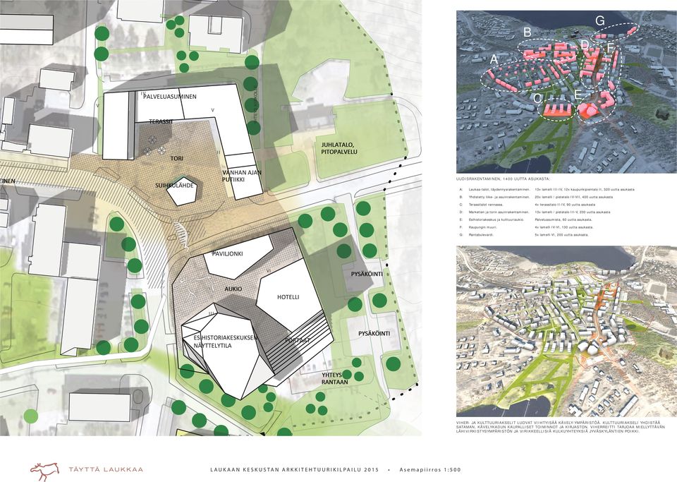 13x lamelli -I, 12x kaupunkipientalo, 320 uutta asukasta C: Terassitalot rannassa. 4x terassitalo -I, 90 uutta asukasta Yhdistetty liike- ja asuinrakentaminen.