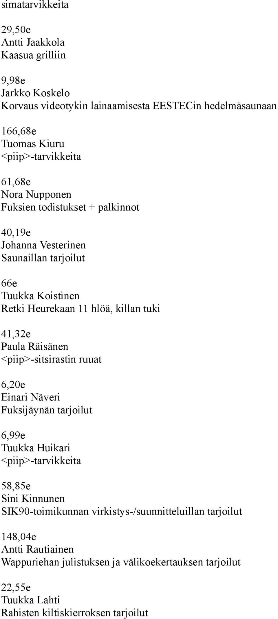 killan tuki 41,32e Paula Räisänen <piip>-sitsirastin ruuat 6,20e Einari Näveri Fuksijäynän tarjoilut 6,99e Tuukka Huikari <piip>-tarvikkeita 58,85e Sini Kinnunen