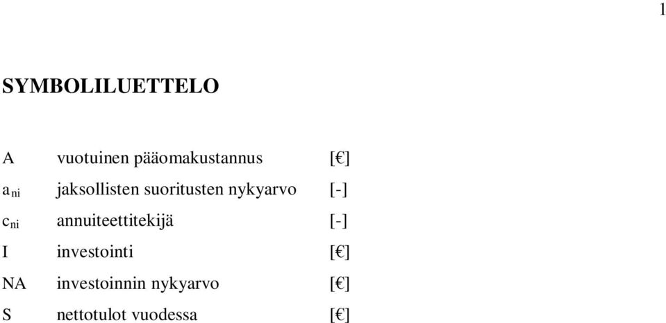 ni annuiteettitekijä [-] I investointi [ ] NA