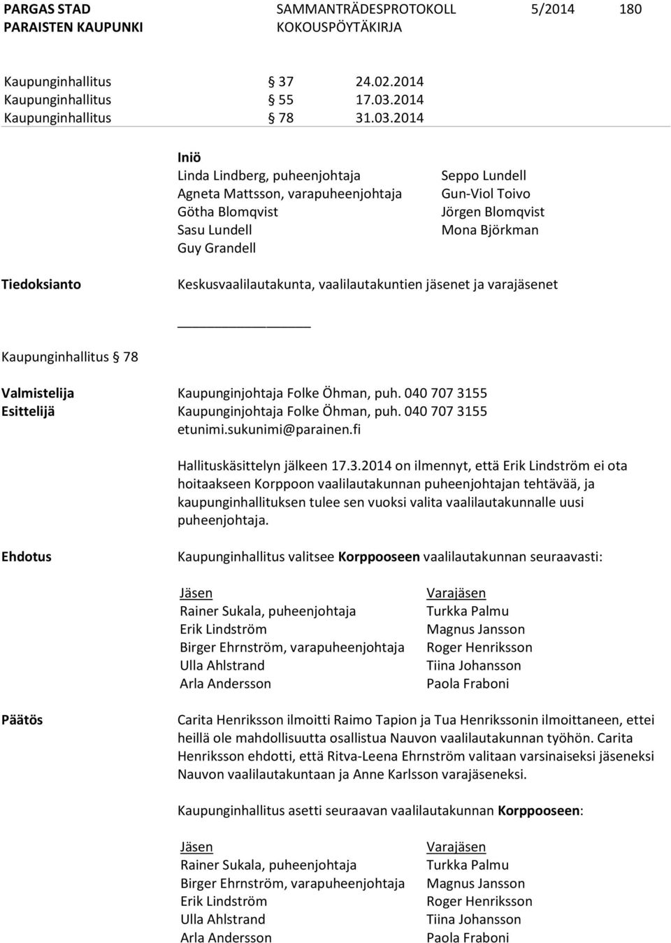 2014 Iniö Linda Lindberg, puheenjohtaja Agneta Mattsson, varapuheenjohtaja Götha Blomqvist Sasu Lundell Guy Grandell Seppo Lundell Gun-Viol Toivo Jörgen Blomqvist Mona Björkman Tiedoksianto