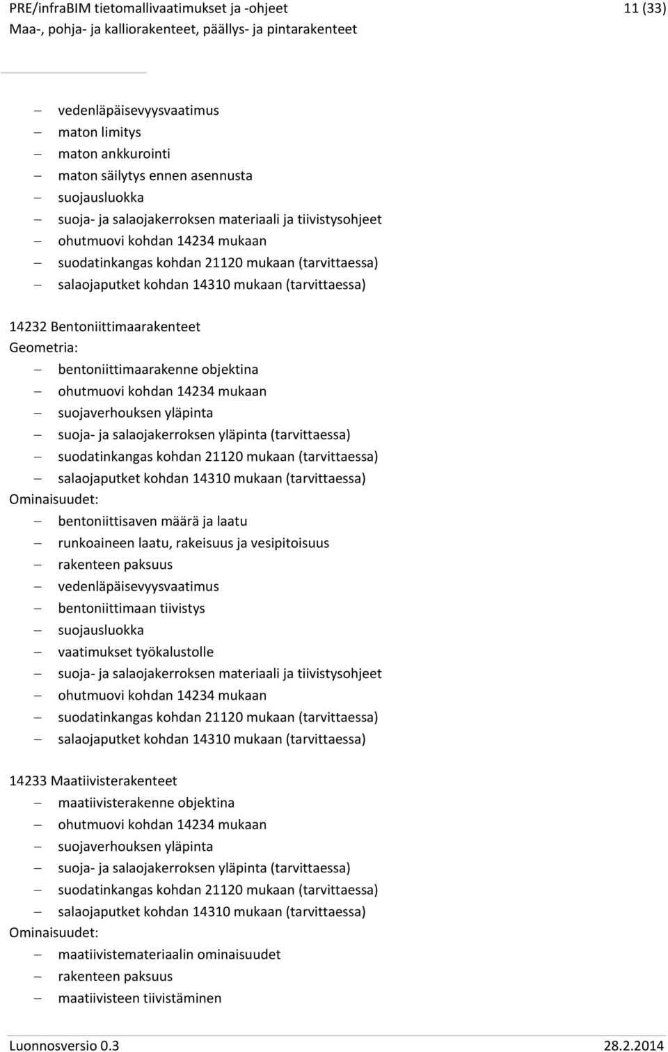 suojaverhouksen yläpinta suoja ja salaojakerroksen yläpinta (tarvittaessa) suodatinkangas kohdan 21120 mukaan (tarvittaessa) salaojaputket kohdan 14310 mukaan (tarvittaessa) bentoniittisaven määrä ja