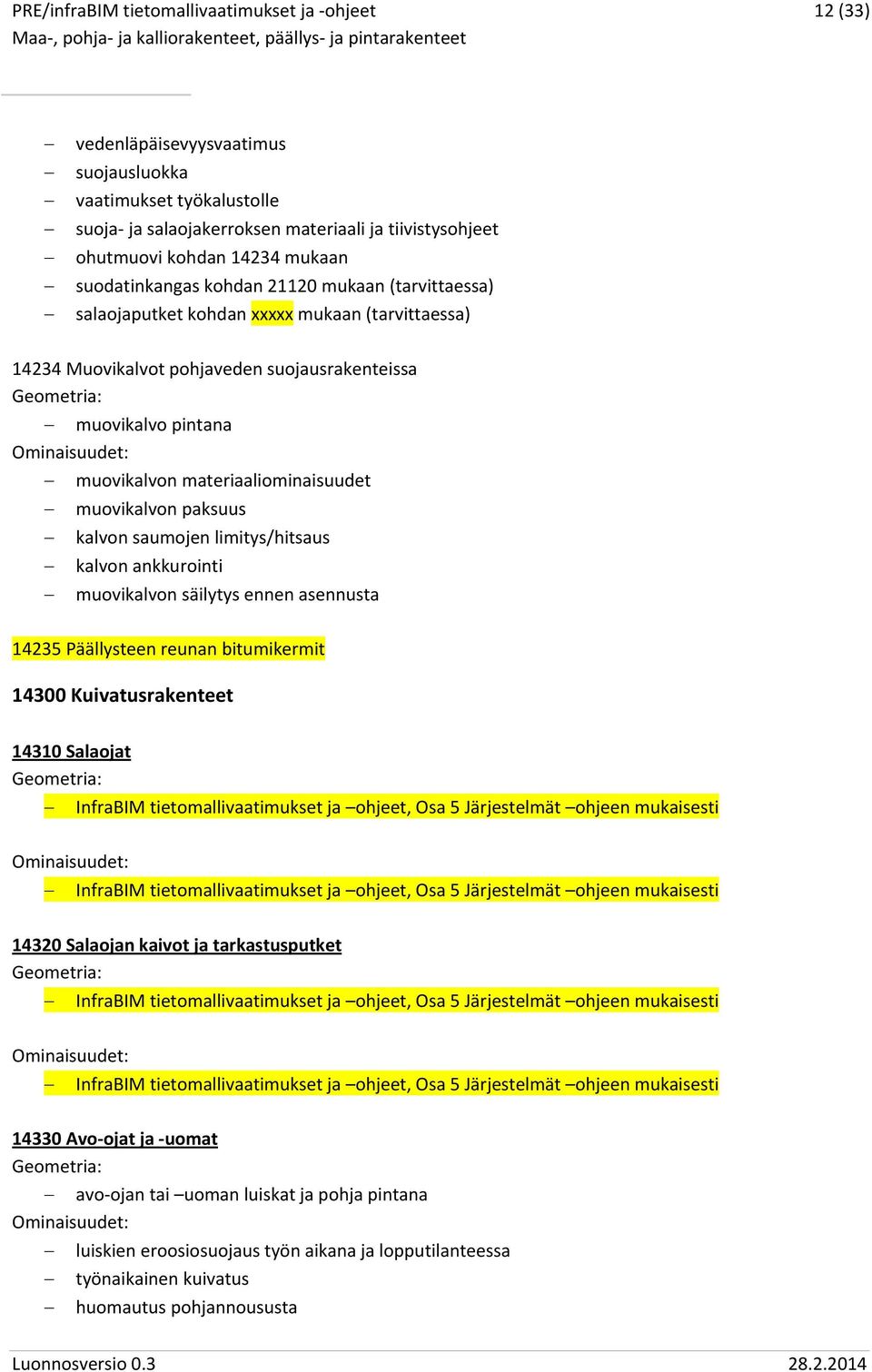 saumojen limitys/hitsaus kalvon ankkurointi muovikalvon säilytys ennen asennusta 14235 Päällysteen reunan bitumikermit 14300 Kuivatusrakenteet 14310 Salaojat InfraBIM tietomallivaatimukset ja ohjeet,