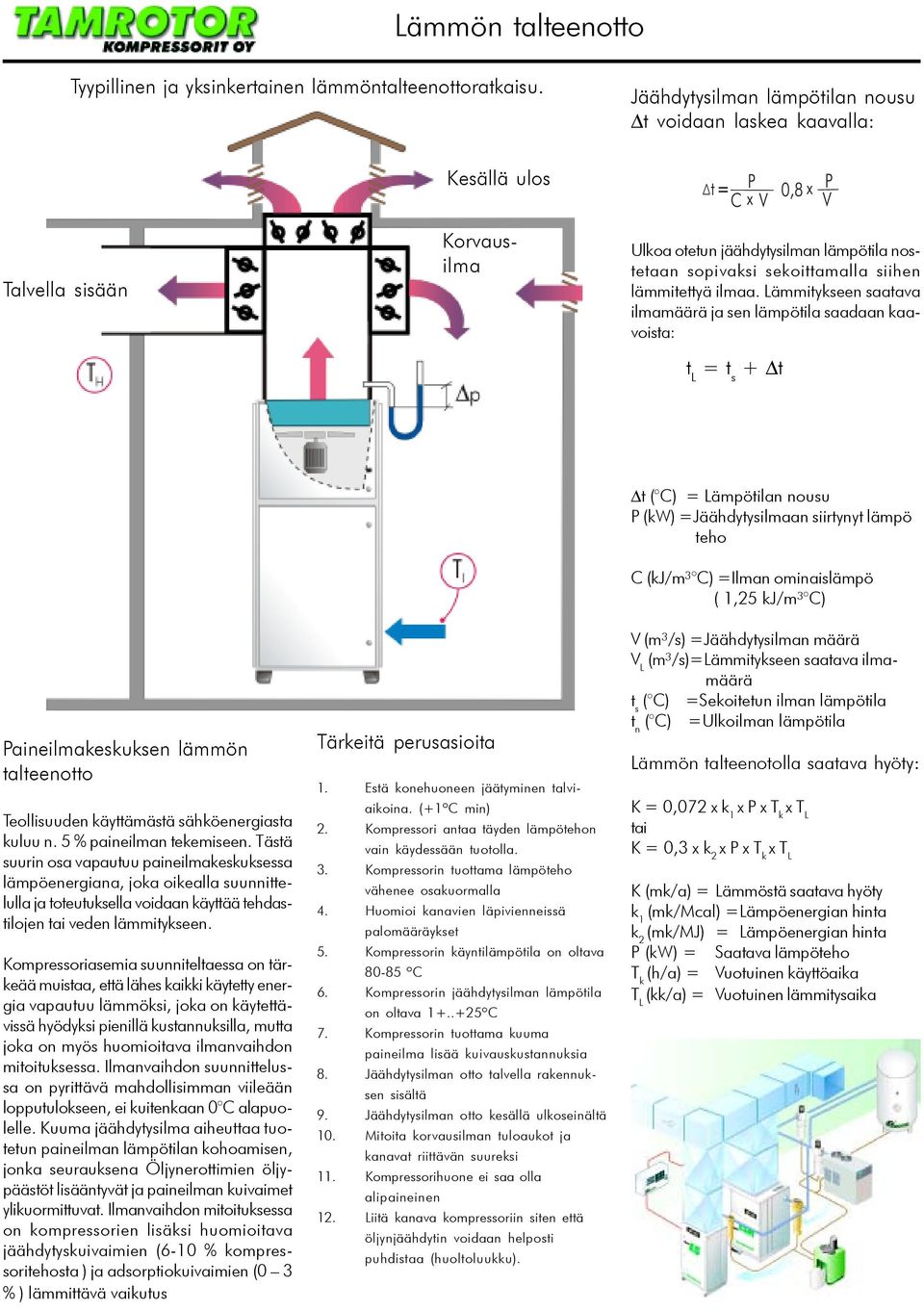 Lämmitykseen saatava ilmamäärä ja sen lämpötila saadaan kaavoista: t L = t s + t Paineilmakeskuksen lämmön talteenotto Teollisuuden käyttämästä sähköenergiasta kuluu n. 5 % paineilman tekemiseen.