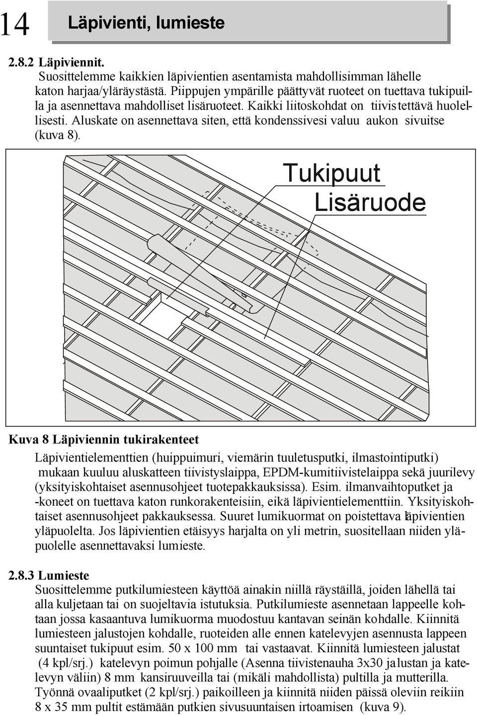 Aluskate on asennettava siten, että kondenssivesi valuu aukon sivuitse (kuva 8).