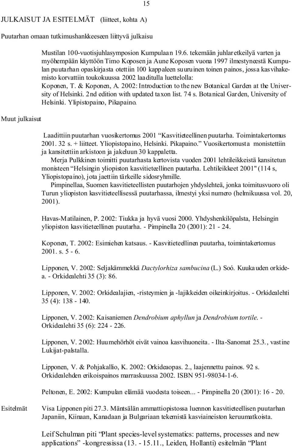 kasvihakemisto korvattiin toukokuussa 2002 laaditulla luettelolla: Koponen, T. & Koponen, A. 2002: Introduction to the new Botanical Garden at the University of Helsinki.