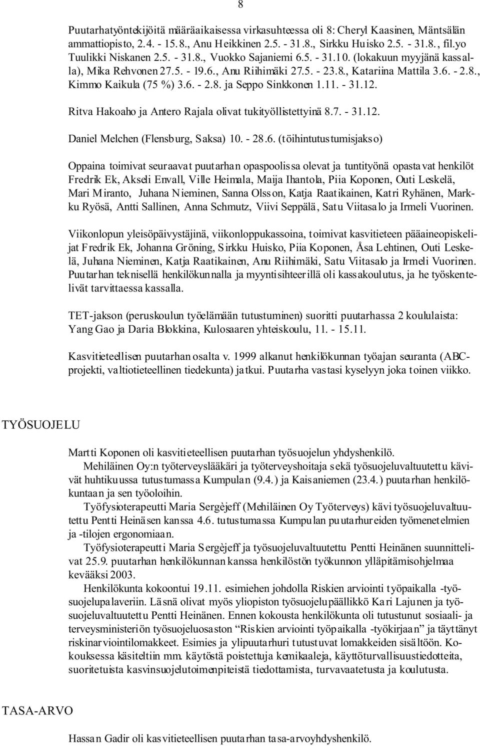 6. - 2.8. ja Seppo Sinkkonen 1.11. - 31.12. Ritva Hakoaho ja Antero Rajala olivat tukityöllistettyinä 8.7. - 31.12. Daniel Melchen (Flensburg, Saksa) 10. - 28.6. (töihintutustumisjakso) Oppaina