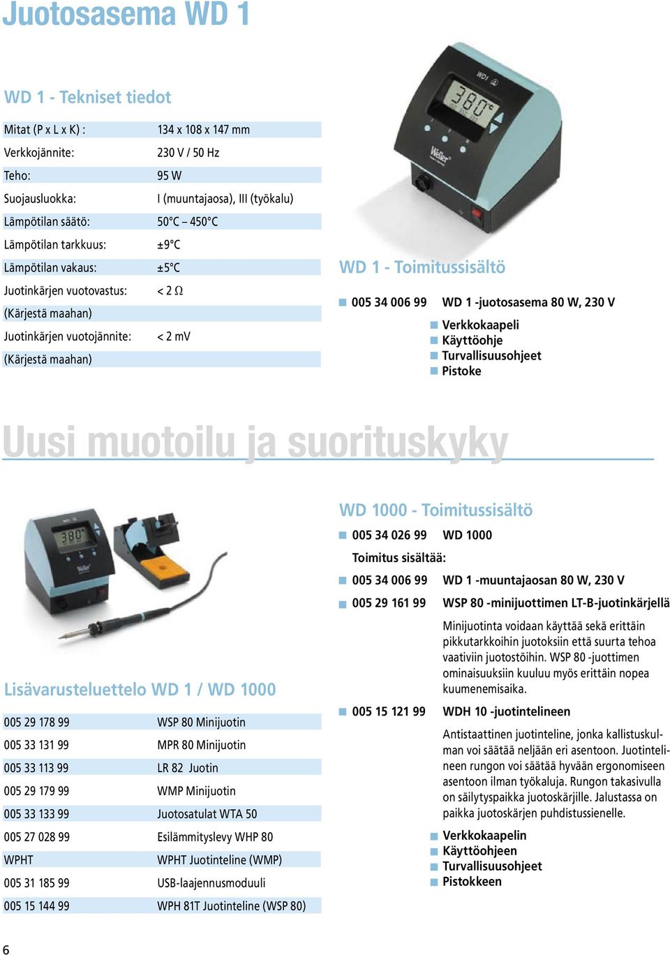 juotosasema 80 W, 230 V Verkkokaapeli Käyttöohje Turvallisuusohjeet Pistoke Uusi muotoilu ja suorituskyky Lisävarusteluettelo WD 1 / WD 1000 005 29 178 99 WSP 80 Minijuotin 005 33 131 99 MPR 80