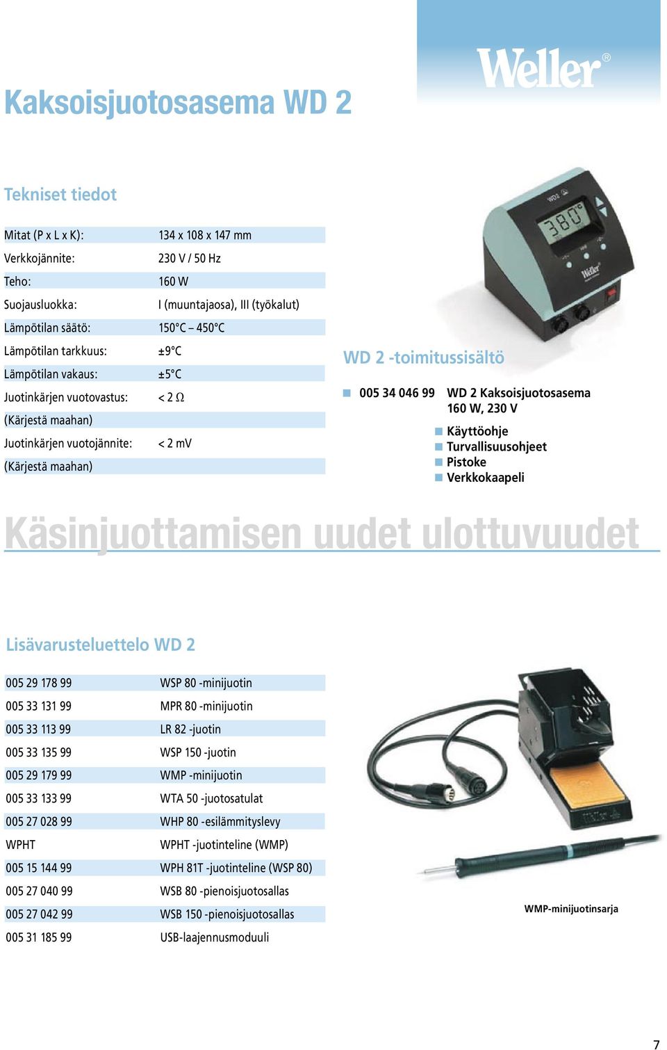 Kaksoisjuotosasema 160 W, 230 V Käyttöohje Turvallisuusohjeet Pistoke Verkkokaapeli Käsinjuottamisen uudet ulottuvuudet Lisävarusteluettelo WD 2 005 29 178 99 WSP 80 minijuotin 005 33 131 99 MPR 80