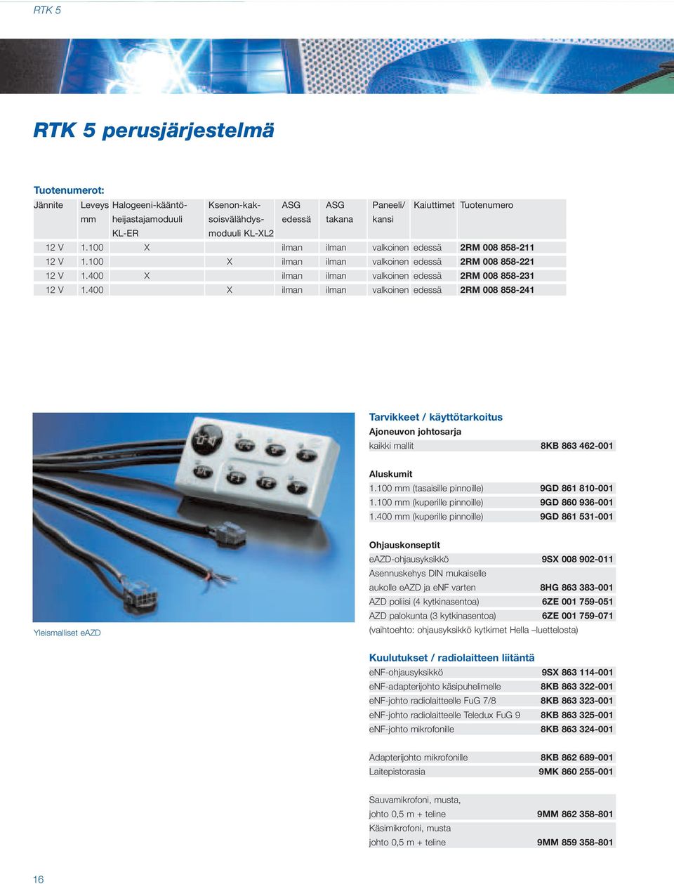 400 X ilman ilman valkoinen edessä 2RM 008 858-241 Tarvikkeet / käyttötarkoitus Ajoneuvon johtosarja kaikki mallit 8KB 863 462-001 Aluskumit 1.100 mm (tasaisille pinnoille) 9GD 861 810-001 1.