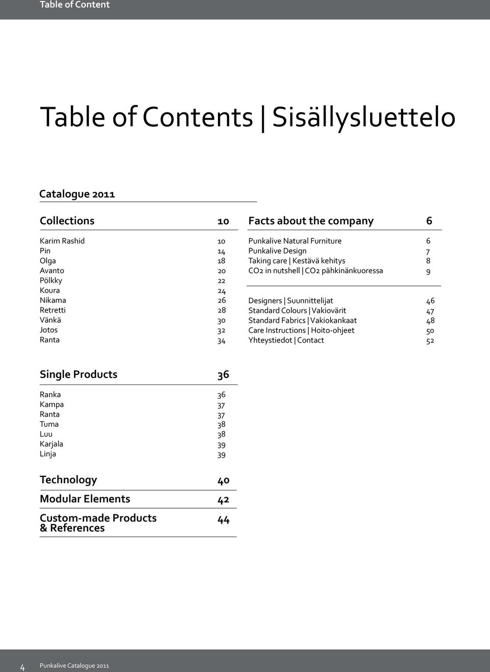 pähkinänkuoressa 9 Designers Suunnittelijat 46 Standard Colours Vakiovärit 47 Standard Fabrics Vakiokankaat 48 Care Instructions Hoito-ohjeet 50 Yhteystiedot Contact