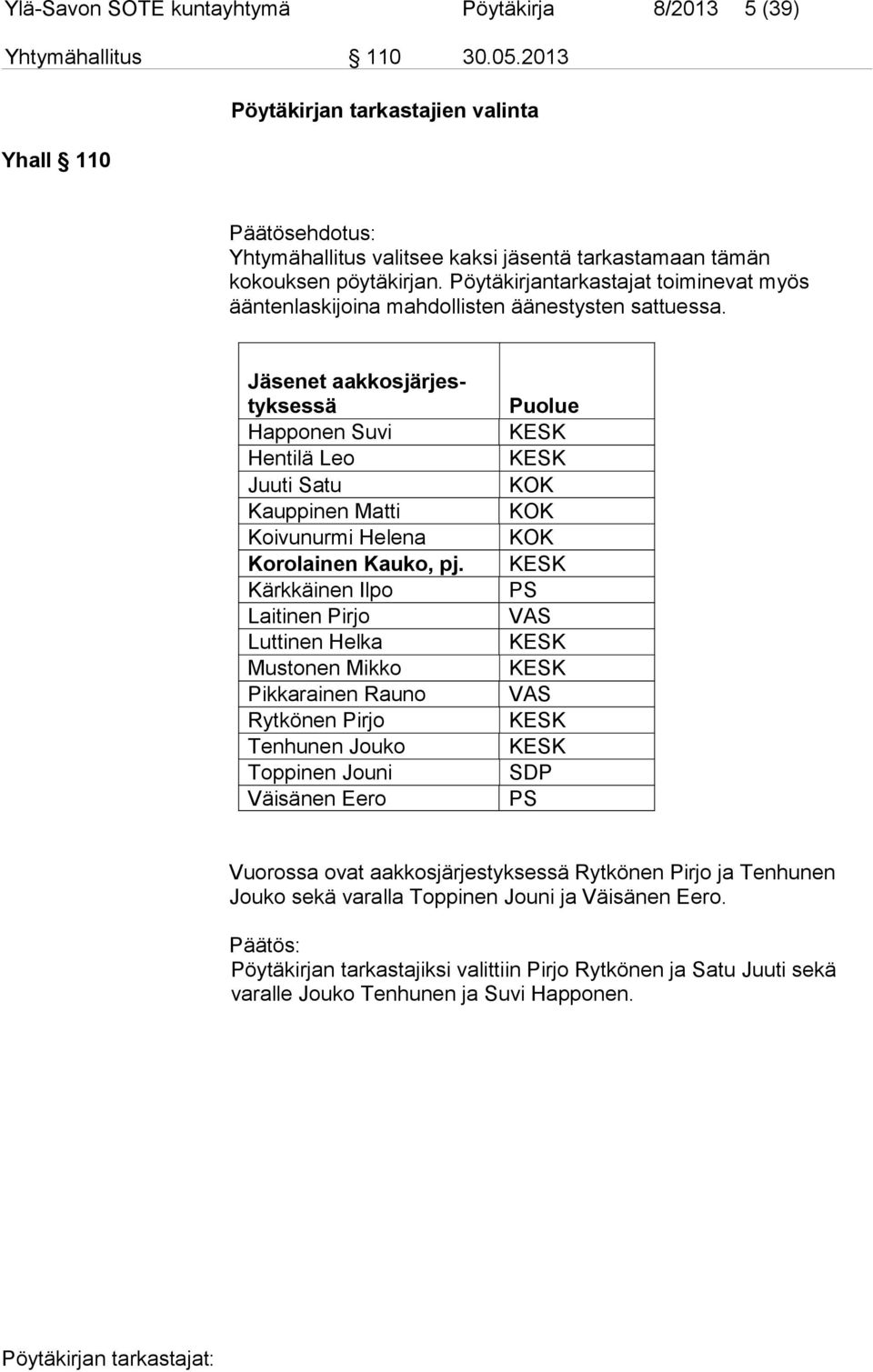 Pöytäkirjantarkastajat toiminevat myös ääntenlaskijoina mahdollisten äänestysten sattuessa.