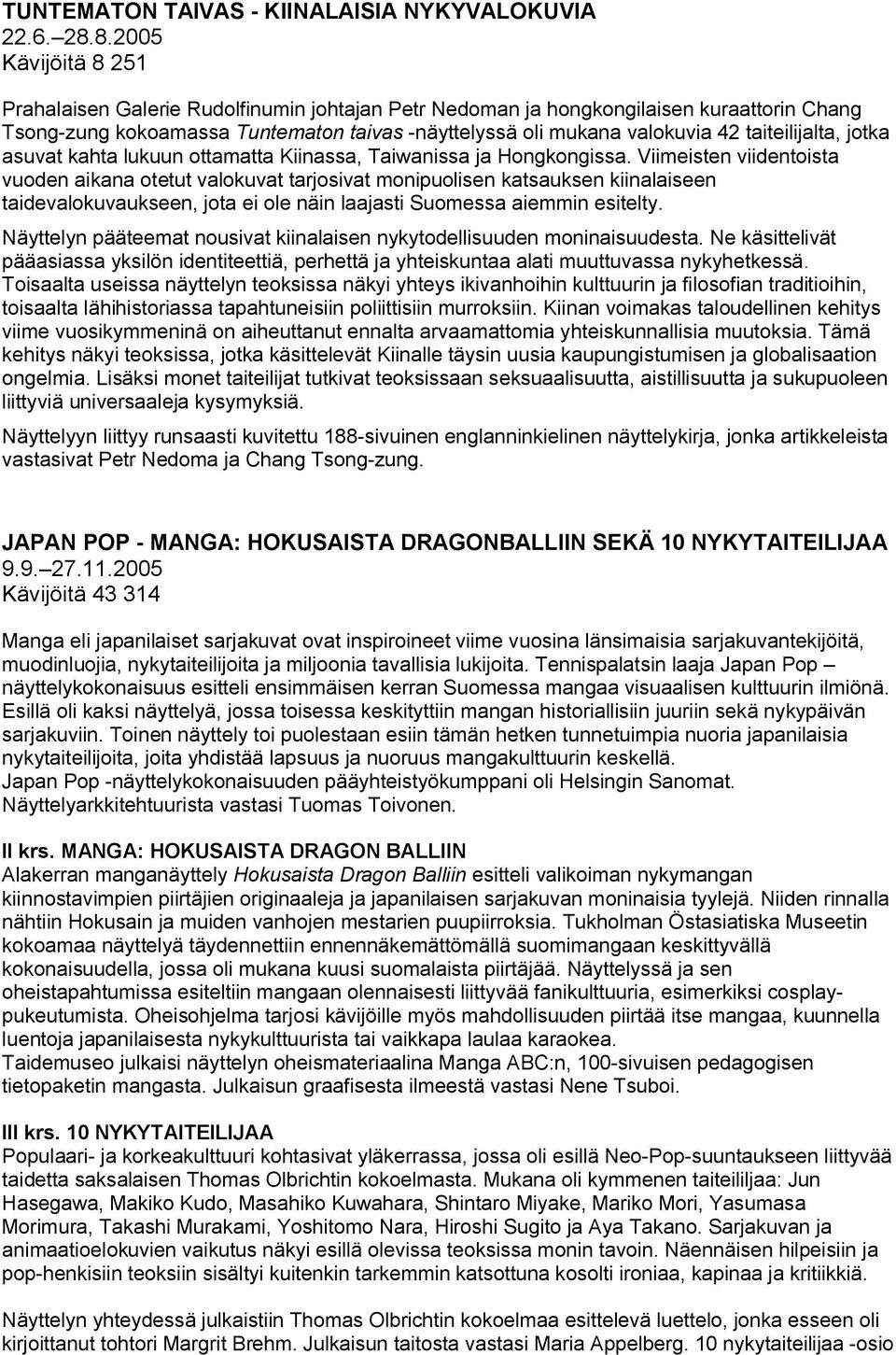 taiteilijalta, jotka asuvat kahta lukuun ottamatta Kiinassa, Taiwanissa ja Hongkongissa.