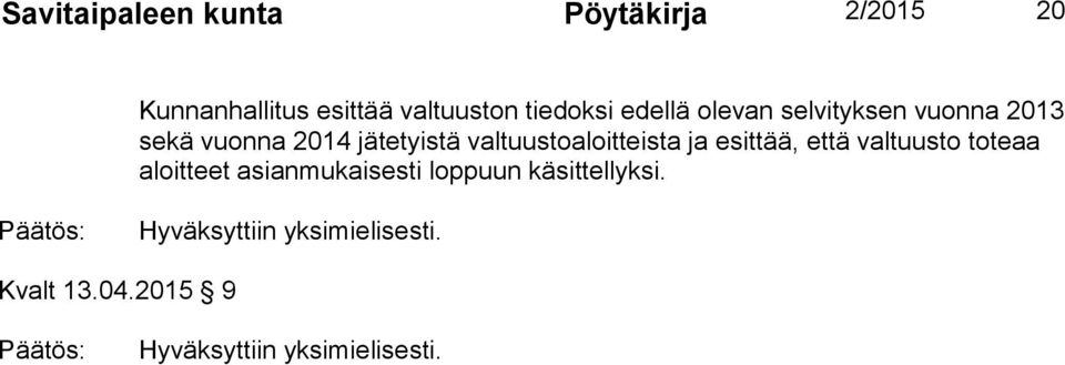 vuonna 2014 jätetyistä valtuustoaloitteista ja esittää, että