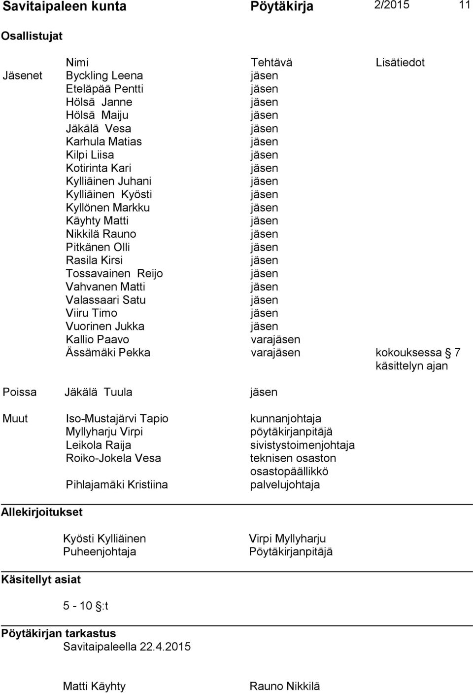 Ässämäki Pekka vara kokouksessa 7 käsittelyn ajan Poissa Jäkälä Tuula Muut Iso-Mustajärvi Tapio kunnanjohtaja Myllyharju Virpi pöytäkirjanpitäjä Leikola Raija sivistystoimenjohtaja Roiko-Jokela Vesa