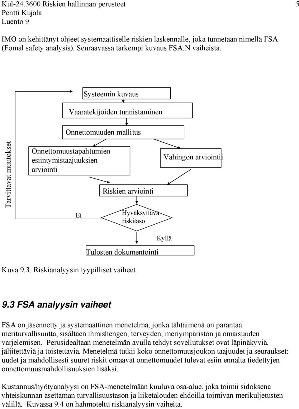 arviointii Tulosten dokumentointi Kuva 9.3. Riskianalyysin tyypilliset vaiheet. Kyllä 9.