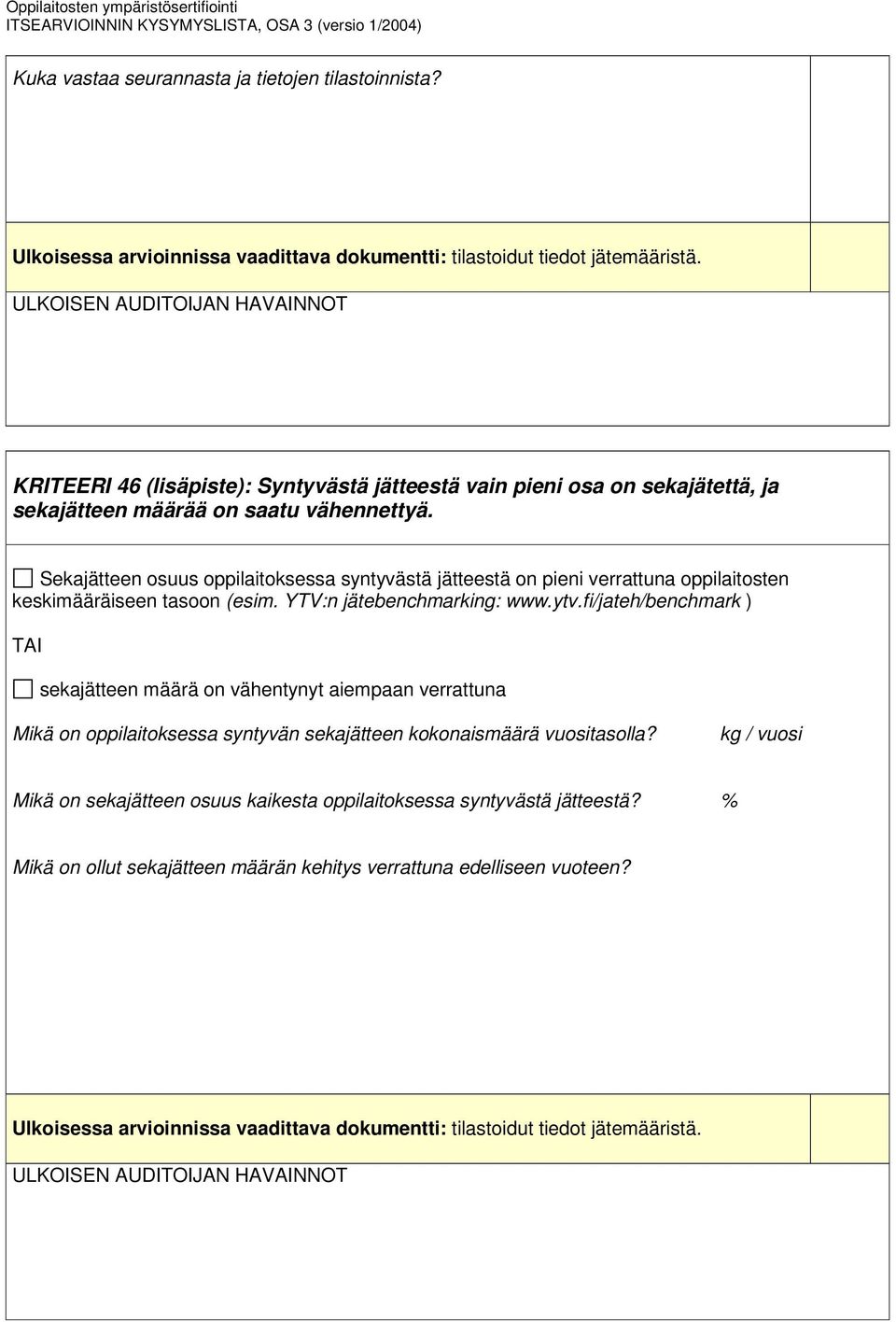 Sekajätteen osuus oppilaitoksessa syntyvästä jätteestä on pieni verrattuna oppilaitosten keskimääräiseen tasoon (esim. YTV:n jätebenchmarking: www.ytv.