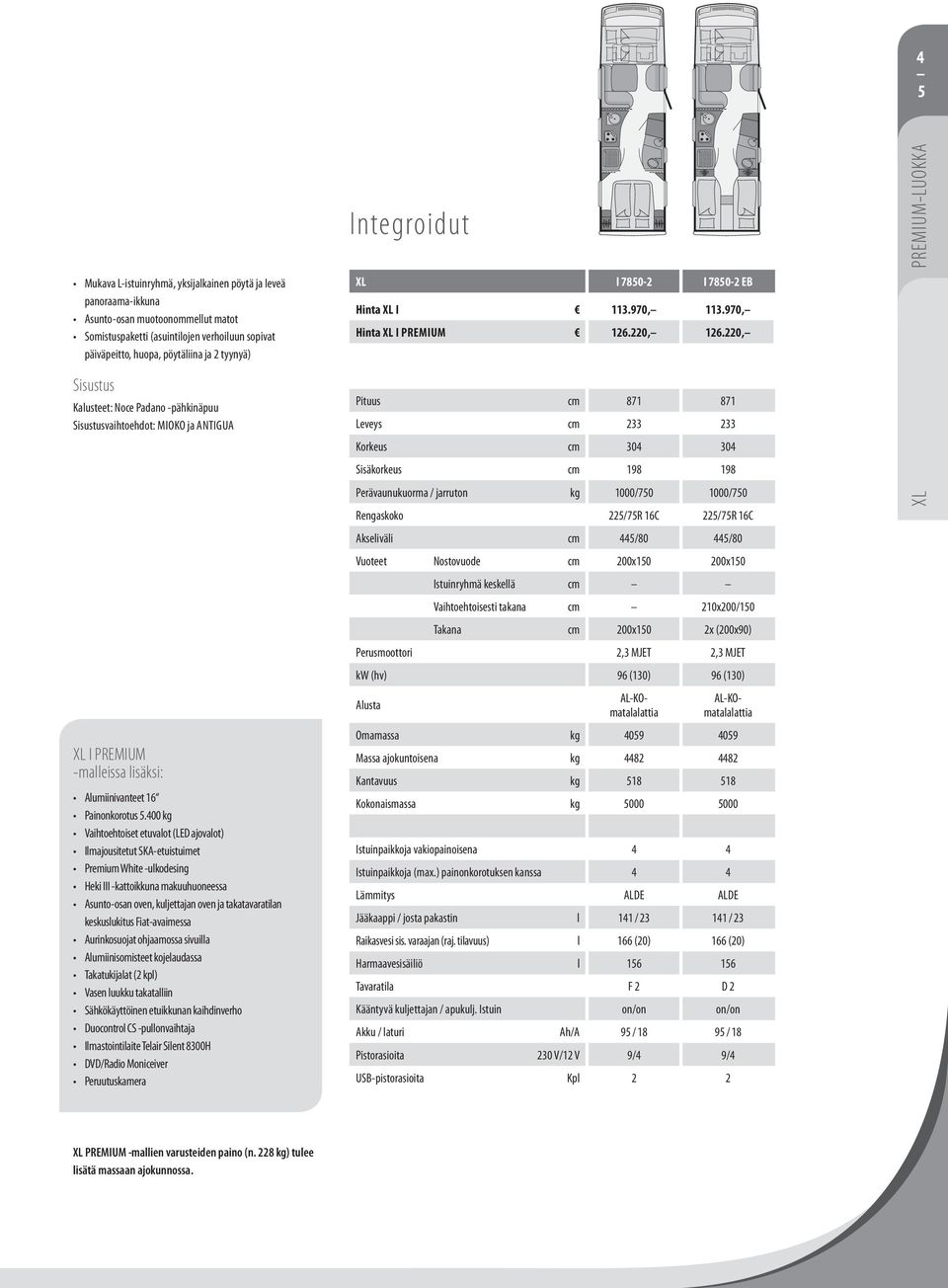 400 kg Vaihtoehtoiset etuvalot (LED ajovalot) Ilmajousitetut SKA-etuistuimet Premium White -ulkodesing Heki III -kattoikkuna makuuhuoneessa Asunto-osan oven, kuljettajan oven ja takatavaratilan